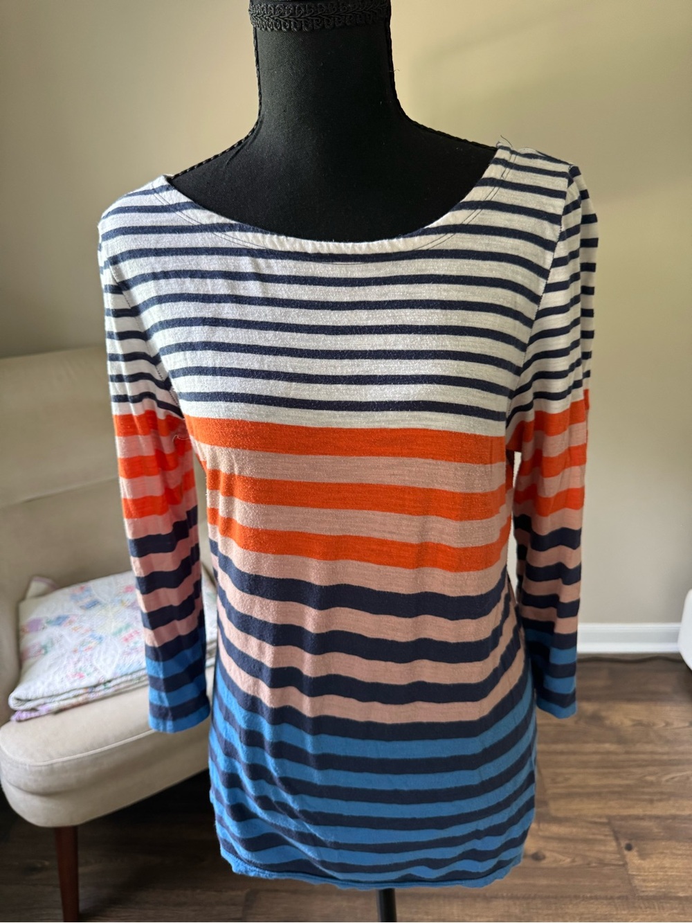 Striped Boatneck Long-Sleeve Top in Navy, Orange & Blue